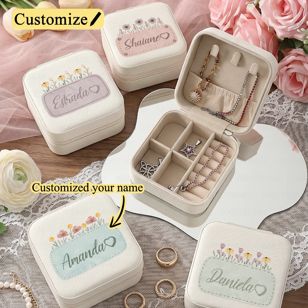 Custom Name Jewelry Box Wildflower Stickers Jewelry Storage Box Travel Jewelry Organizer Ring Case Personalized Women's Gifts