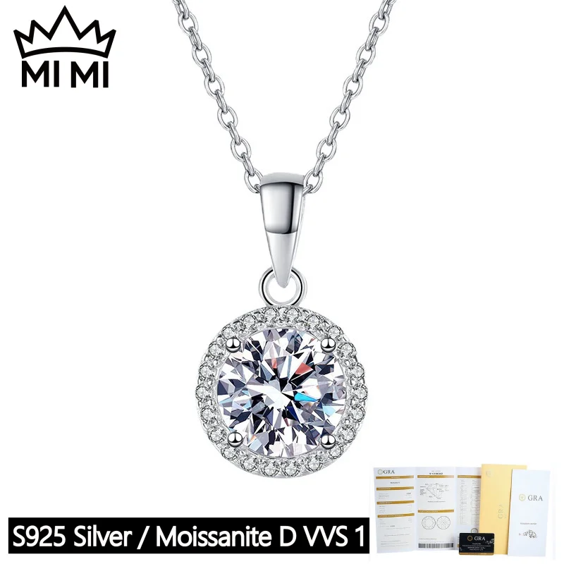 

MI MI 925 Sterling Silver GRA Certified 1CT D-Color Round Bezel Moissanite Pendant Minimalist Necklace with Gift Box