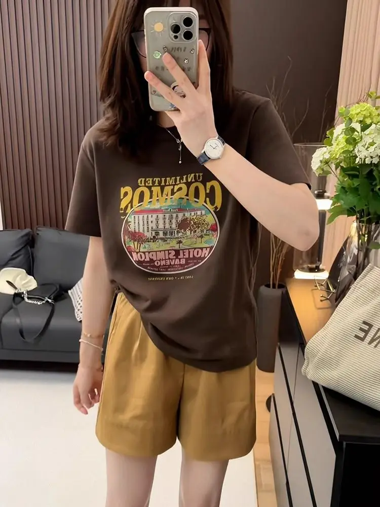 

Casual Fashion Print Short Sleeve round Neck Two-Piece Set Women's Shorts Outfit Youthful Loose Fit Summer Ensemble