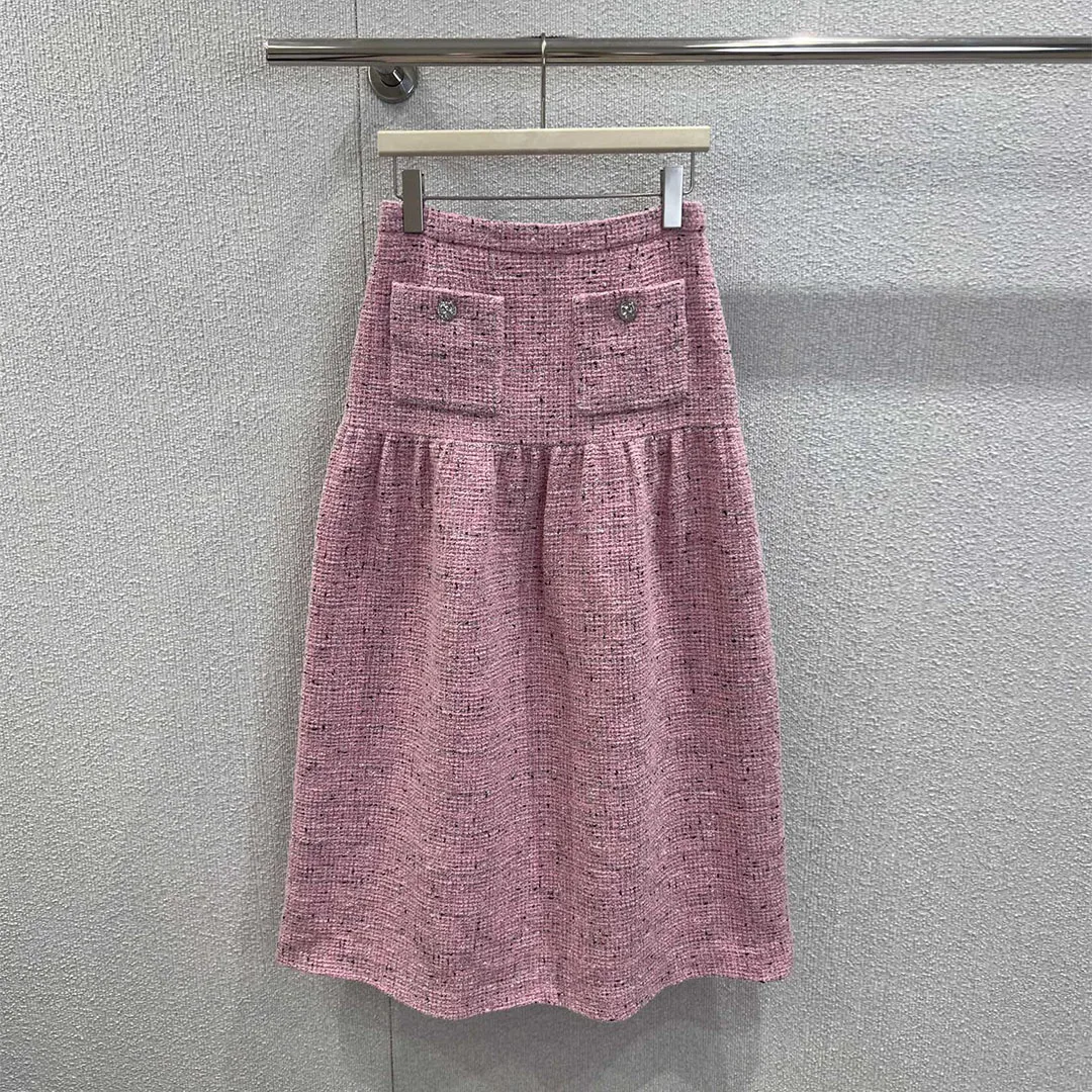 

New Fashion Elegant Pink Wool Blends Tweed Woven Long Skirts Womens High Waist Double Pocekts Buttons Vintage A-line Sweet Skirt