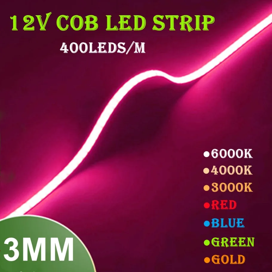 3MM Width Ultra Thin COB LED Strip Colorful Dimmable 3000K 4000K 6000K High Density Flexible Light 400LEDs for DIY Home Decor