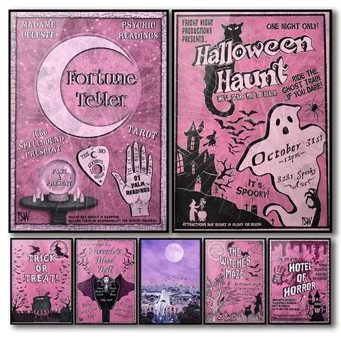 Vintage Wall Art Pink Moon Ghost Spooky Scary Witch HD Canvas Print Poster Home Living Room, Autumn, Halloween Decorations