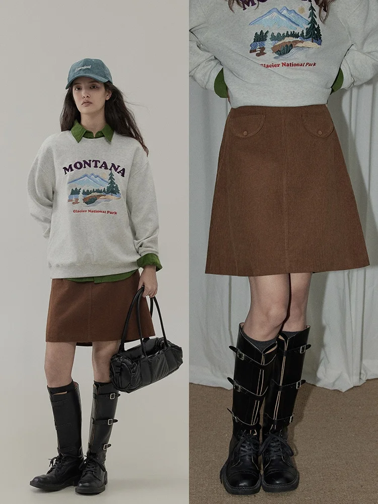 

Corduroy A-Line Skirt High Waist Coffee Color Women's Autumn Winter New Style Slimming Casual Half-length Skirts