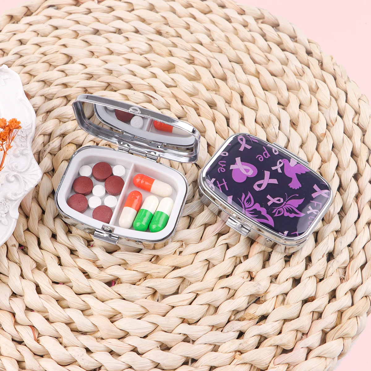 Autistic Doctor 2 Compartments Metal Medicine Box Portable Travel Decorated  Sealed Small Pill Organizer Container Storage