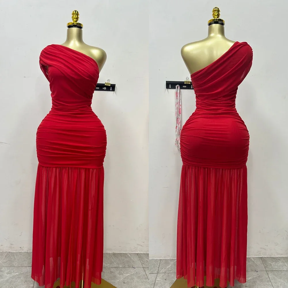 スタイリッシュなイブニングセクシークラブパーティーホリデーマキシドレス レディース エレガントなスキューネック ワンショルダー オフショルダー メッシュ スリット ロングドレス