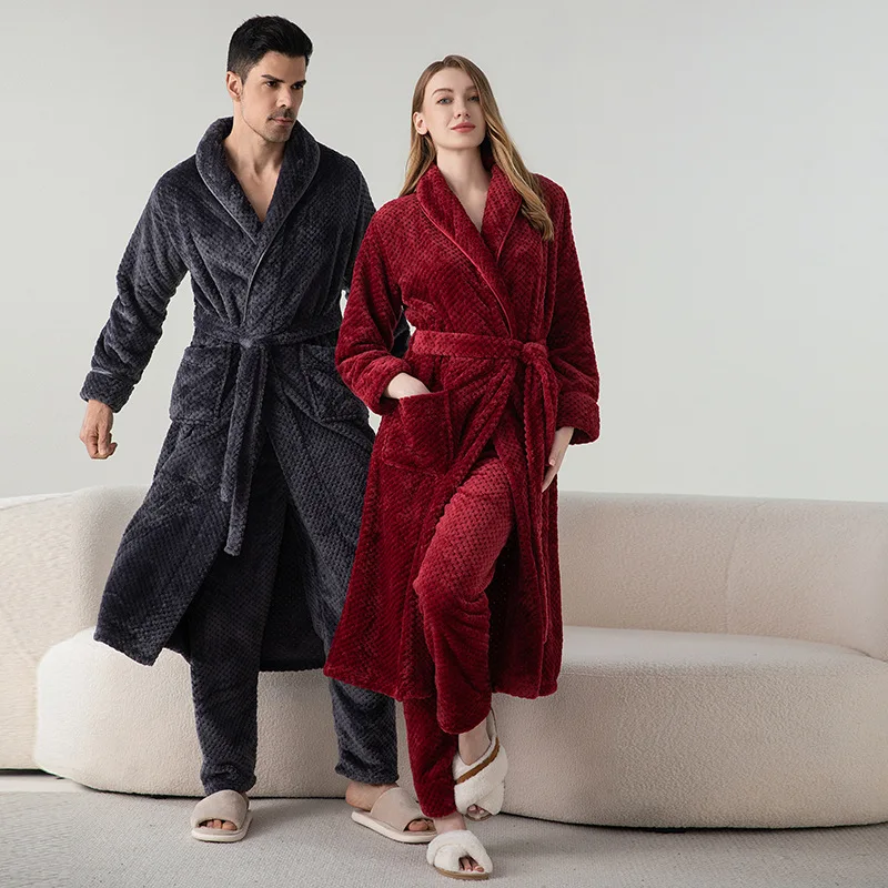 Bride Groom's Pajamas Winter Flannel Nightgown Trousers Suits Female Coral Fleece Long Robe Lounge Wear Thickened Warm Sleepwear