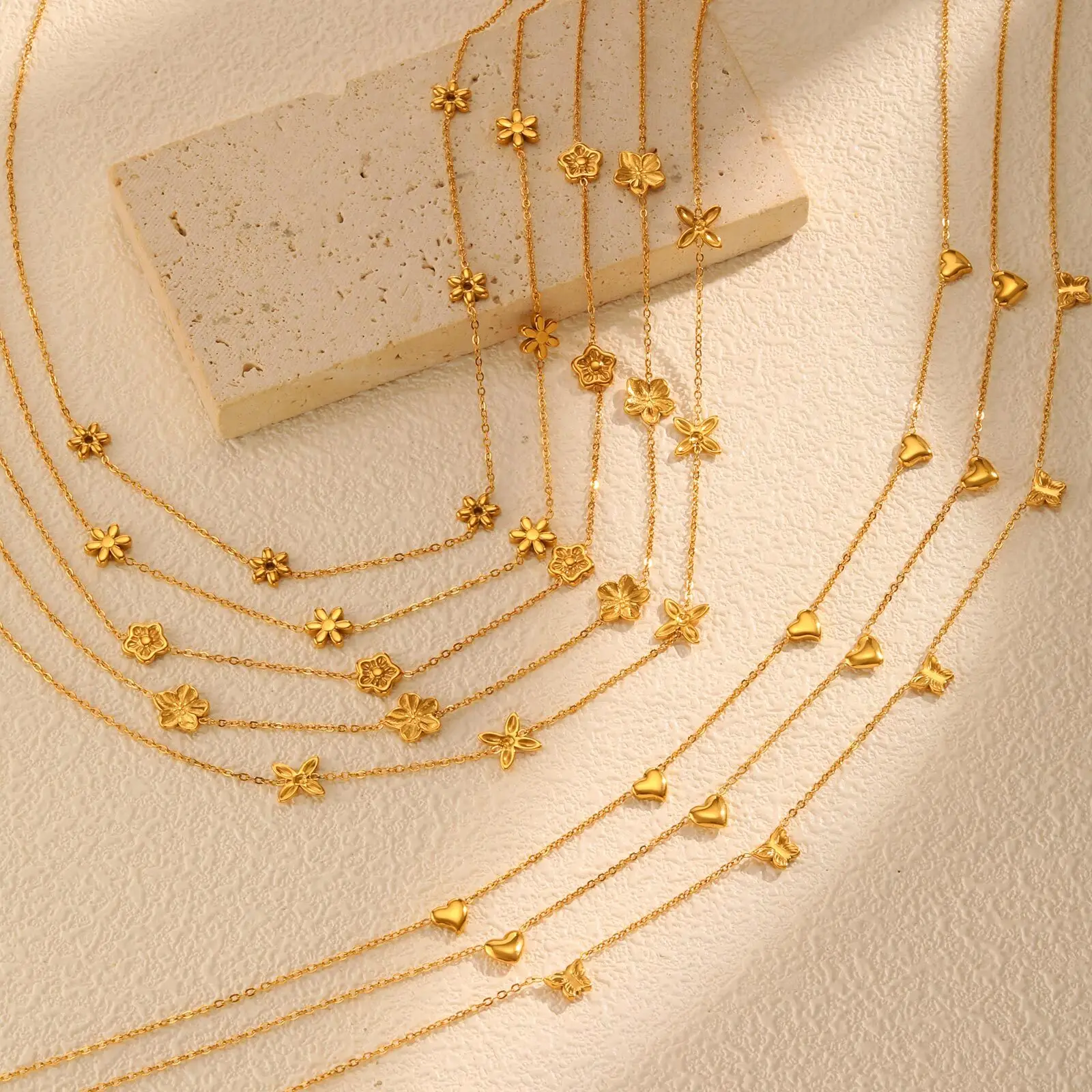 

Stainless Steel Chain Necklace, Gold Plated Five-Flowers Heart Butterfly Choker Chain for Women, Delicate Minimalist Jewelry