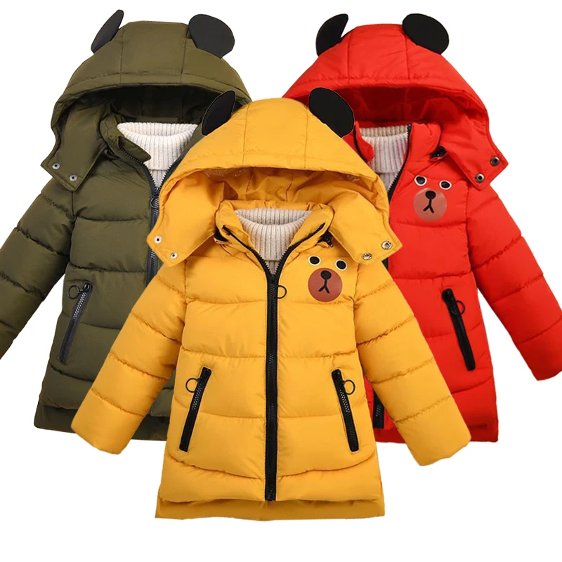 2024 Fashion Baby Boys Jacket Autumn Winter Cartoon Bear Thicken Keep Warm Hooded Down Coat For Kids 1-6 Years Child Outerwear