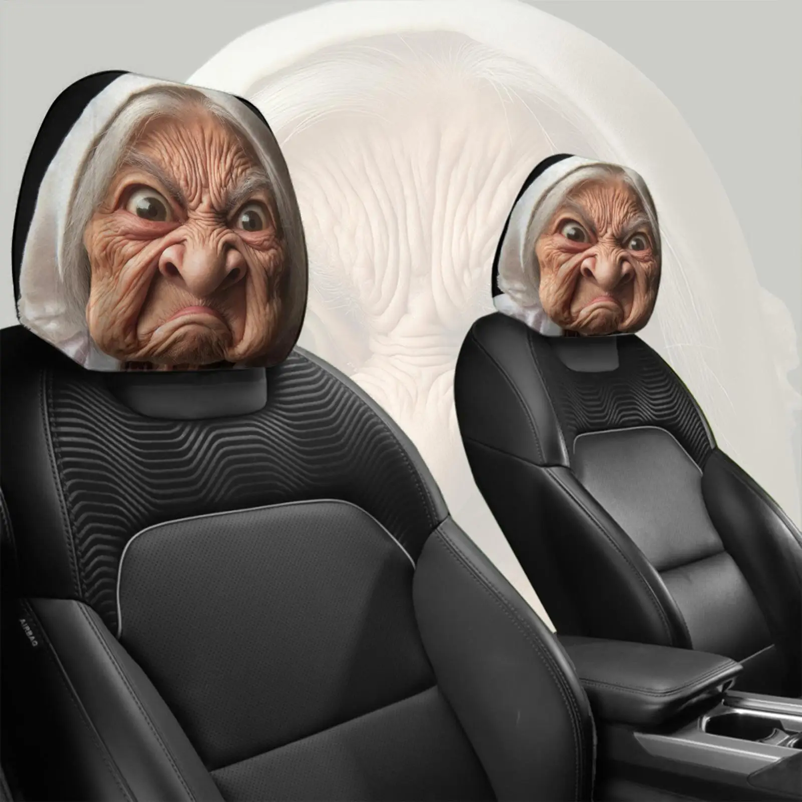 Universal Funny Old Lady Face Printed Car Headrest Cover 2Pcs Elastic Washable Auto Head Protector Fashion Car Decor for Daily