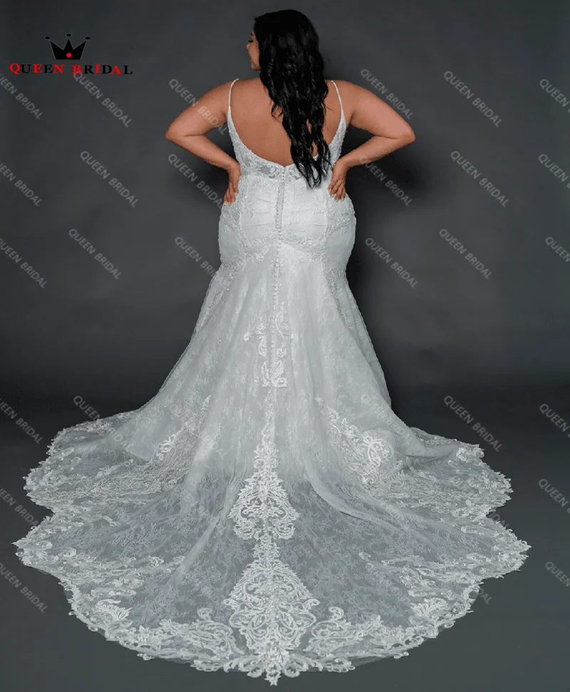 Spaghetti Straps V-neck Plus Size Wedding Gown for Bride vestido de noiva sereia Applique Lace vestido de novia Custom Made RG25