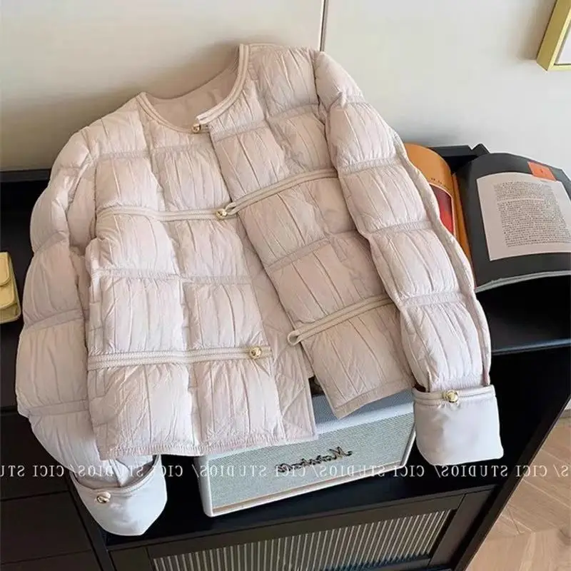 Lightweight Solid Pattern Down Cotton Jackets Women's Winter Casual Round Neck Versatile Cotton Coats Warm Outerwear