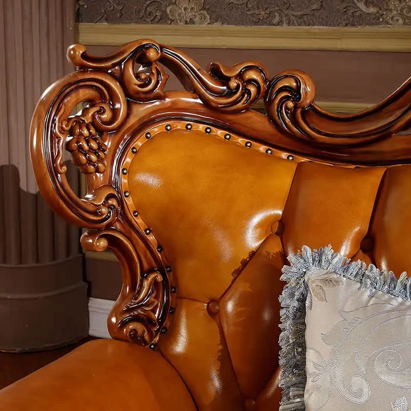 European sofa combination, European solid wood leather corner sofa living room furniture size antique dark