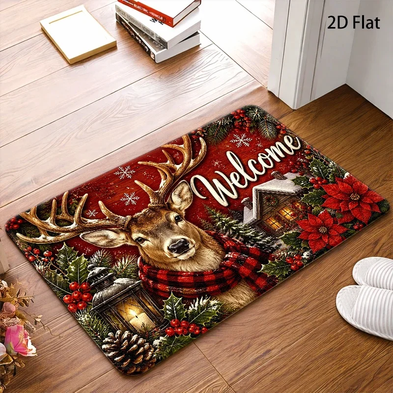 Front Door Mat Christmas Stag Head Red Black Plaid Scarf Printed Carpet Poinsettia Flowers Lantern for Entrance Hallway