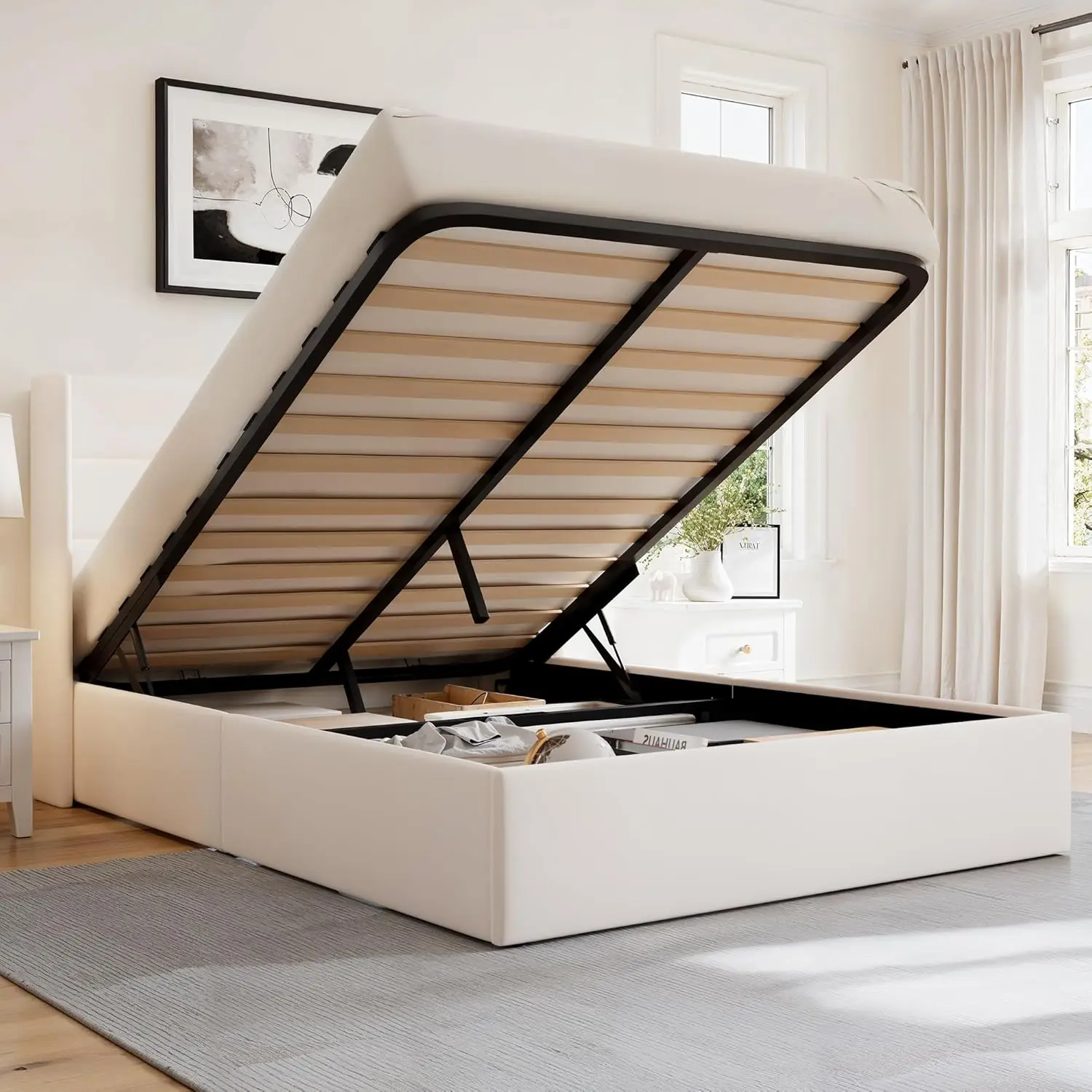 

Queen Size Upholstered Platform Bed Frame with Lift-Up Storage, Wingback Headboard, Hydraulic Lift Support, No Box Spring Needed