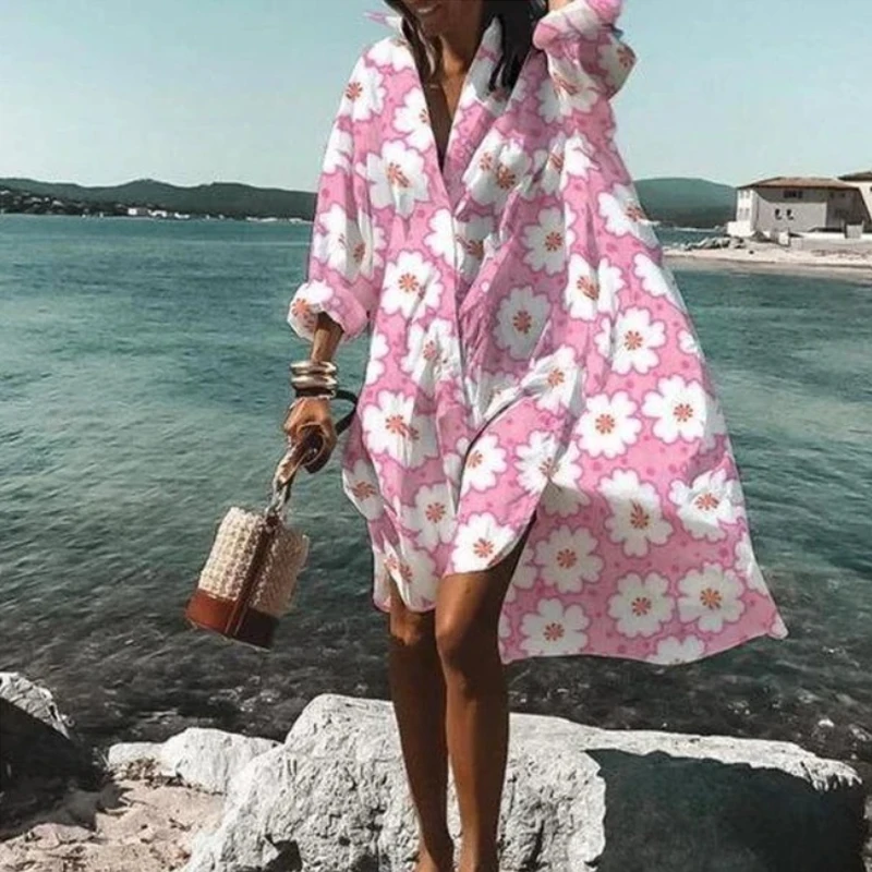 2022 New Summer Women\'s Beach Dress Ladies Oversize Shirts Casual Vacation Outing Beachwear Lady Printed Swimwear Beach Tunics