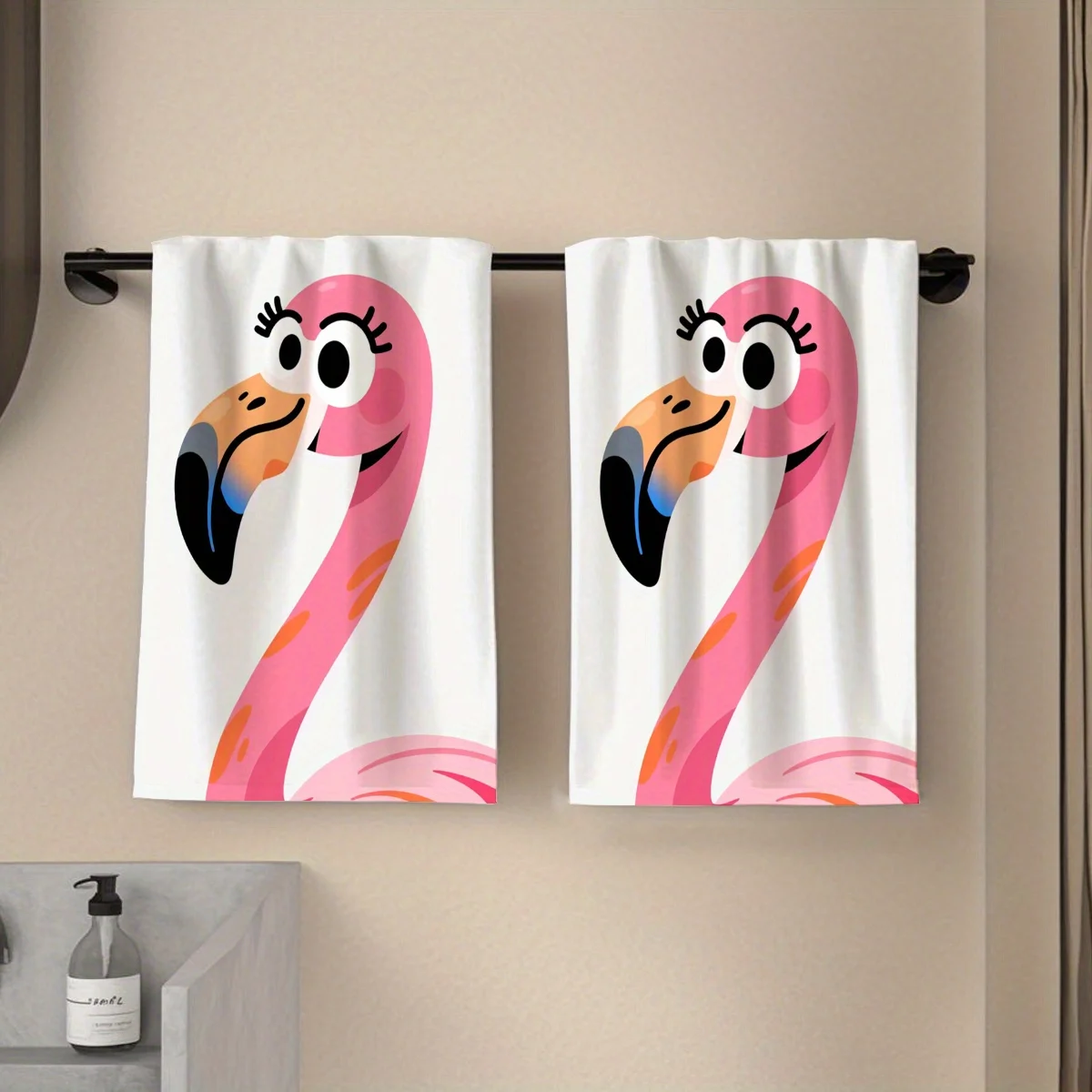 Pack of 2, towel, single-sided printing, cartoon flamingo 2D design, soft, comfortable, durable and odor-free
