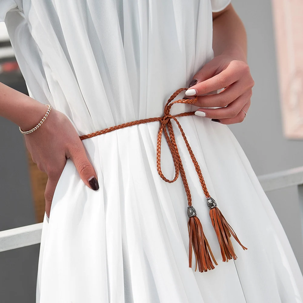 Ethnic Style PU Woven Fringes Waist Belt Braided Belt For Women Self Tie Waist Chain Dress Coat Decorative Waistbands Waist Rope