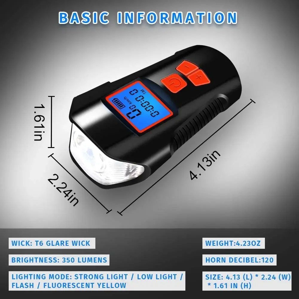 Multifunctional LCD Display Headlight Odometer Night Riding Bicycle Light Speedometer Headlamp Rechargeable Loud Alarm Bell Horn