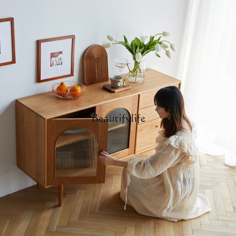 

yj5 Cherry wood dining side cabinet, living room against the wall for storage, medieval furniture, solid wood porch cabinet