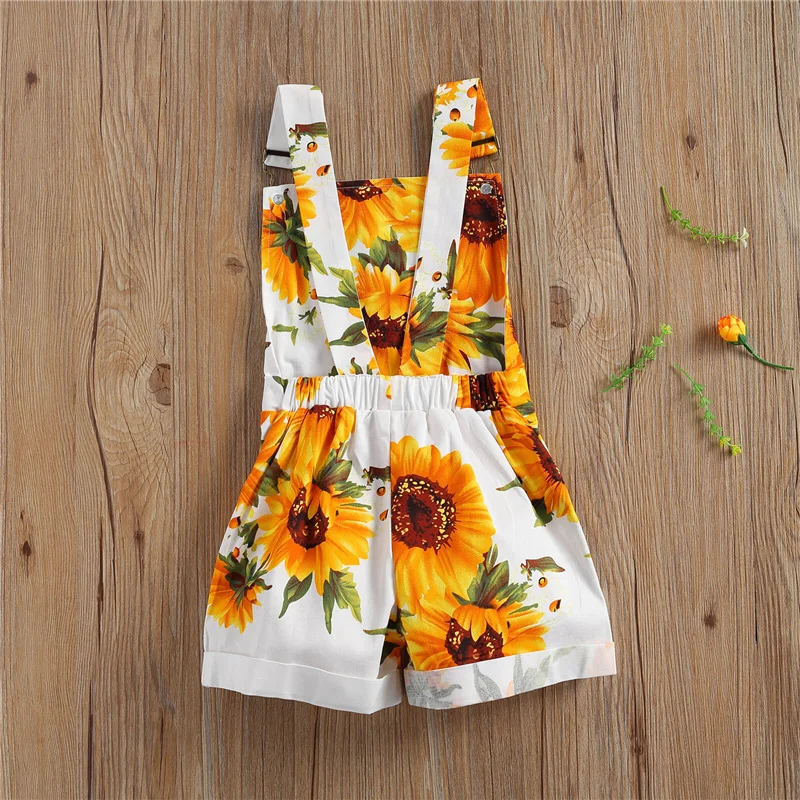 Kids Girls Overalls Pants Summer Sunflower Print Square Collar Suspender Shorts with Pockets for Party