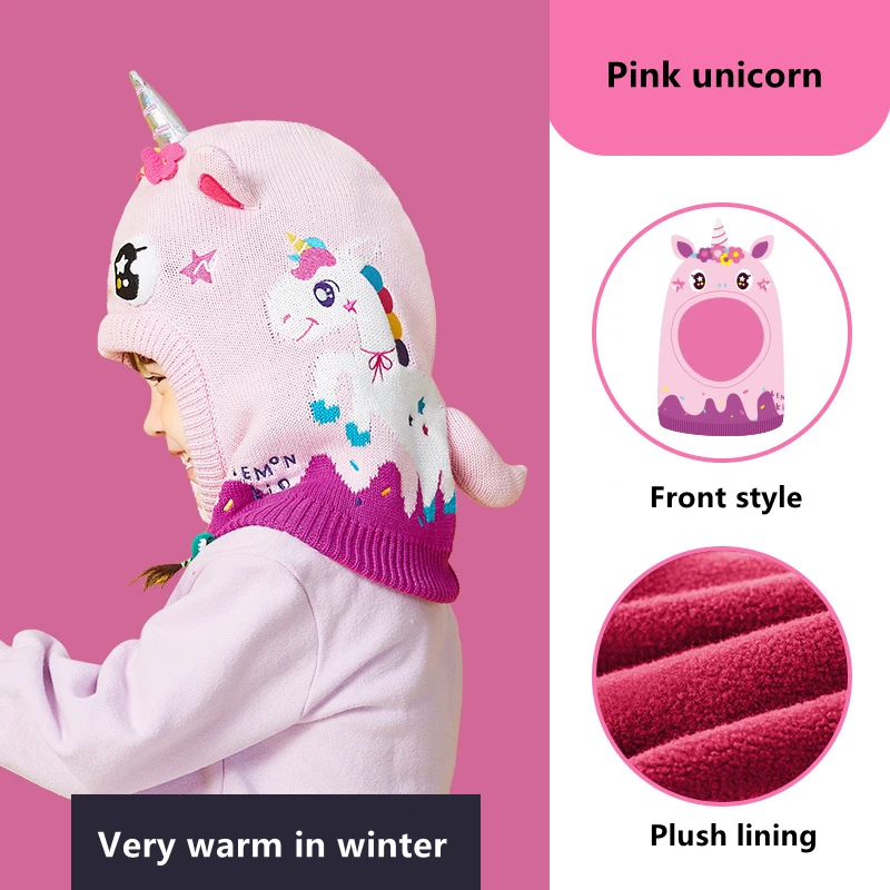 Kids Hat Scarf Gloves Set 3D Dinosaur Unicorn Modeling Baby Girl Boy Winter Windproof Hat For Kids Warm Knitted Beanie Cap