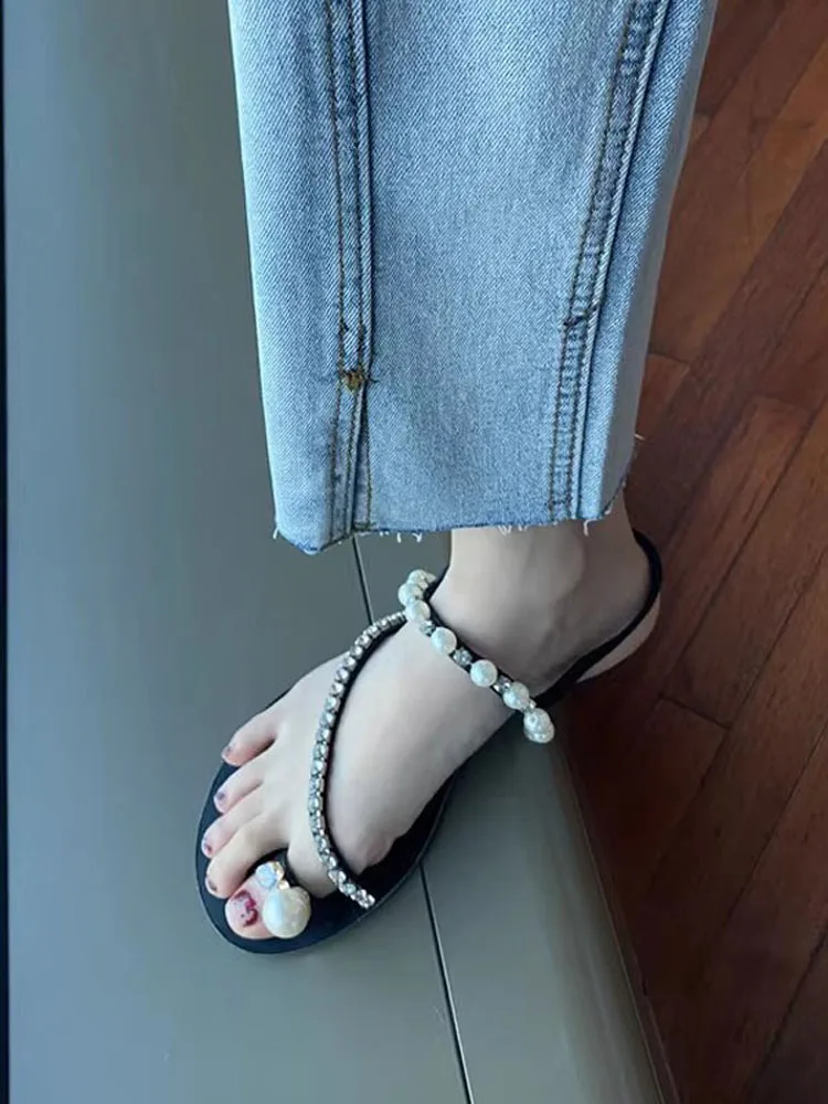 2024 Summer New Clip Toe Flip Flops Shoe Flats Sandals Women Design Handmade Pearl Water Diamond Decorate Flat Bottom Sandalias