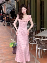 French Elegant Satin Midi Dress Female Casual Vintage Lace Sleeveless Ruffles Dress One Piece Dress Korean Fashion Evening Party