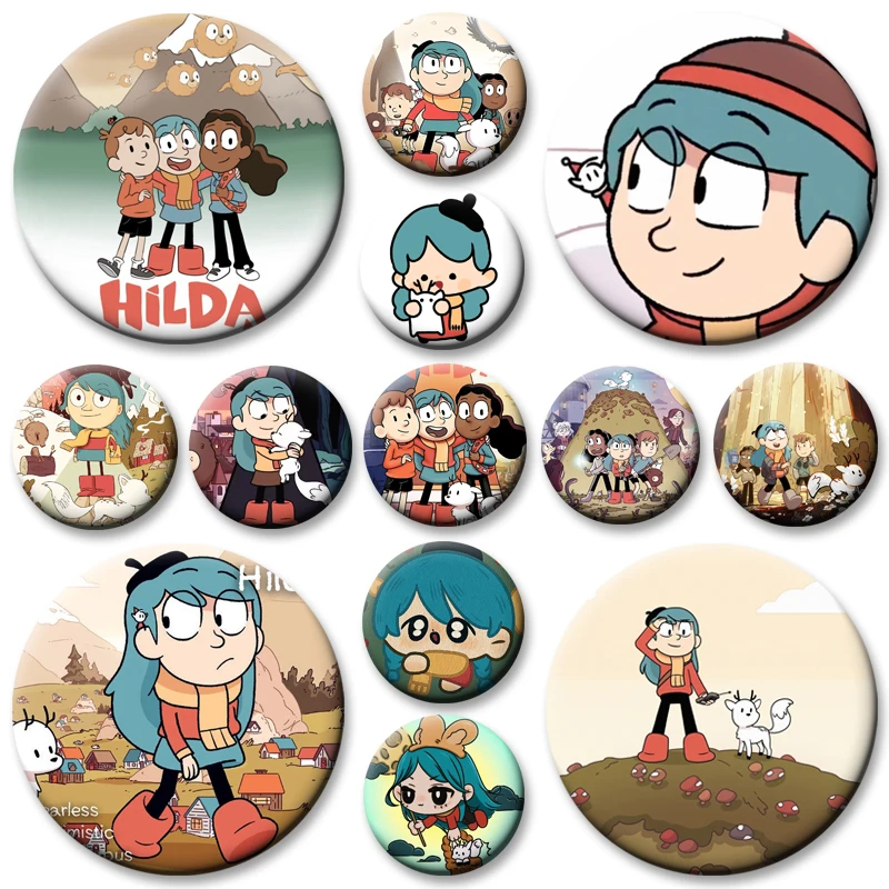 Cute Hilda Anime Brooches Handmade Exquisite Tinplate Enamel Pins Round Snap in Design Badge for Backpack Accessories Gifts