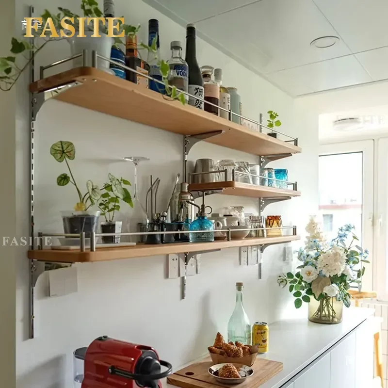 For Nordic Solid Wood Wall Shelf Hanging Track Bookshelf Kitchen Restaurant Bar Storage Rack Baffle Home Decor
