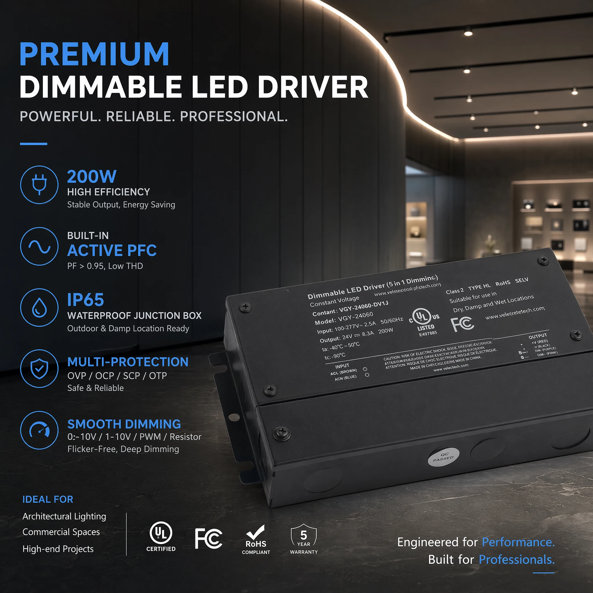 US Dimmable LED Driver Power Supply AC 100-277V to DC 24V Transformer for LED Light