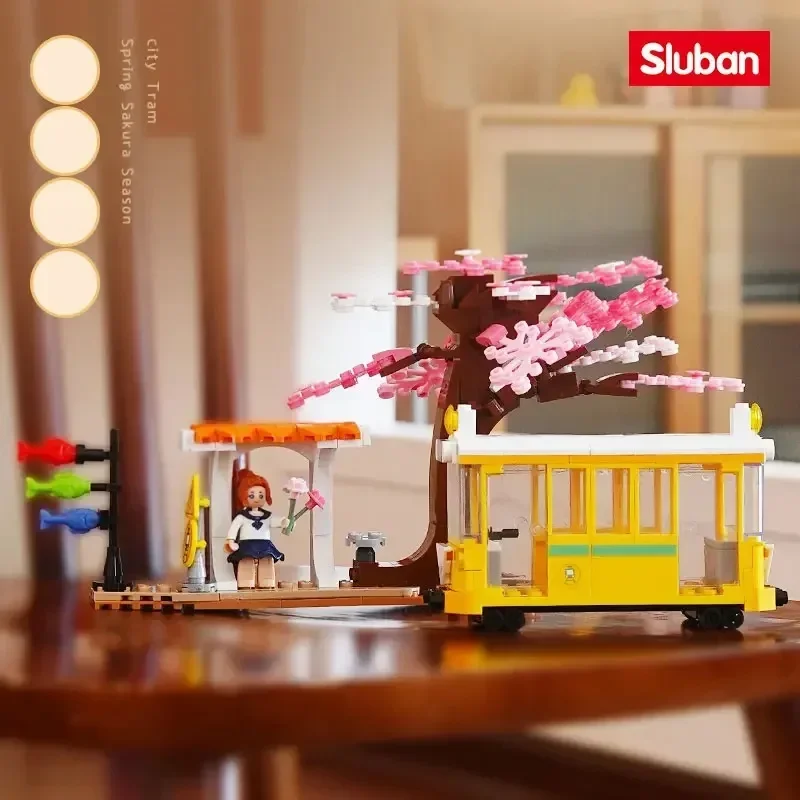 347PCS Sakura Tree Tram Station Building Blocks Bus Train Platform City View Model Bricks Set With Figures Kids DIY Toys Gifts