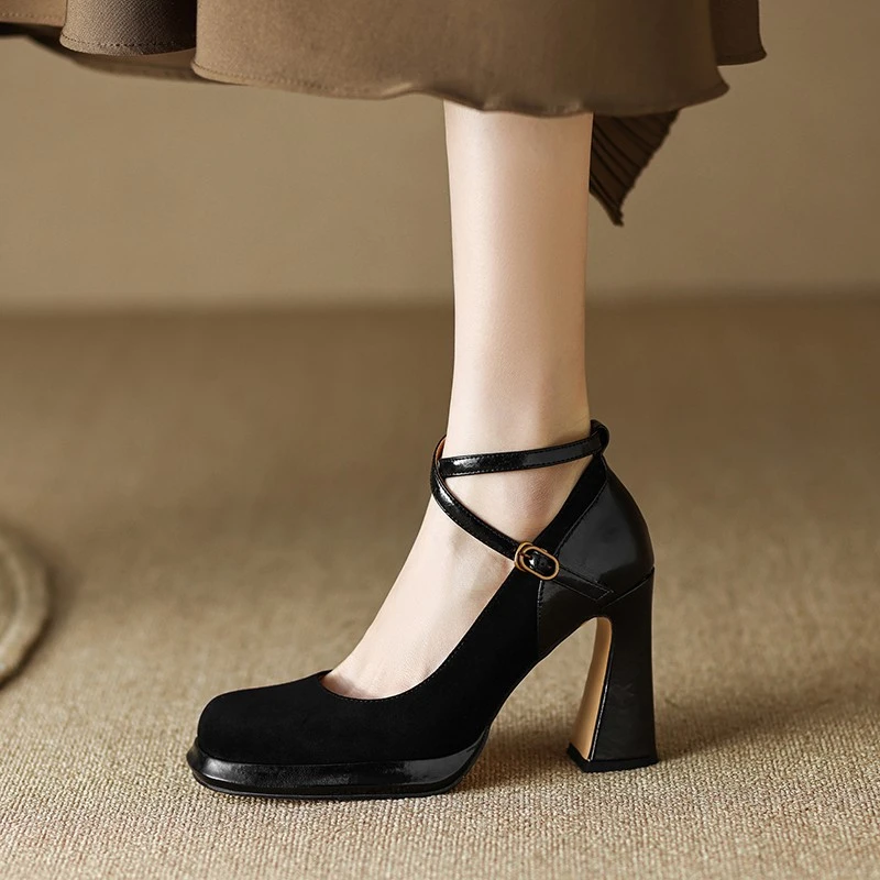 

Women's High Heels Suede Ankle Cross Straps High Heels Dress Shoes Square Toe Shallow Mouth Leisure Banquet Retro Zapatos Mujer