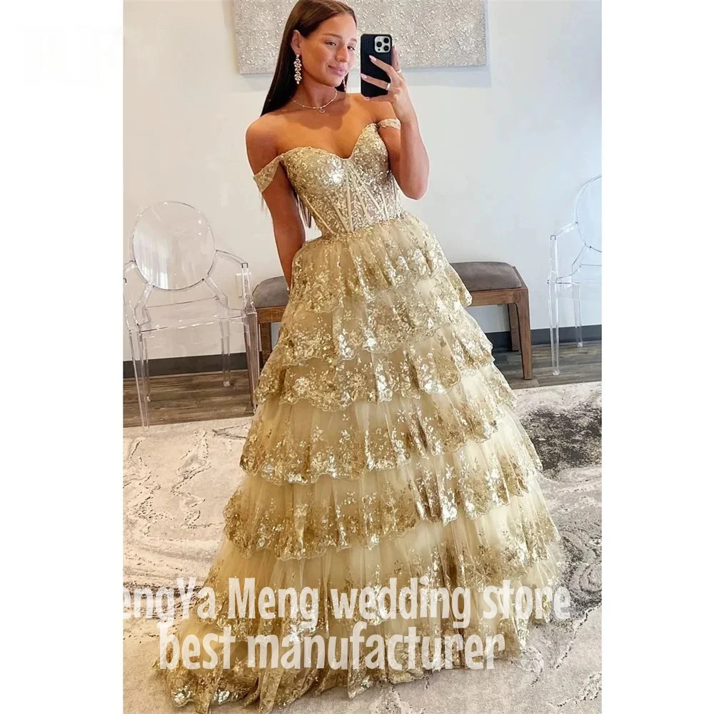 

ZHUISHU пышное золотое вечернее платье с открытыми плечами Vestidos De Noche Милое многослойное платье для выпускного вечера с аппликацией вечернее платье по индивидуальному заказу