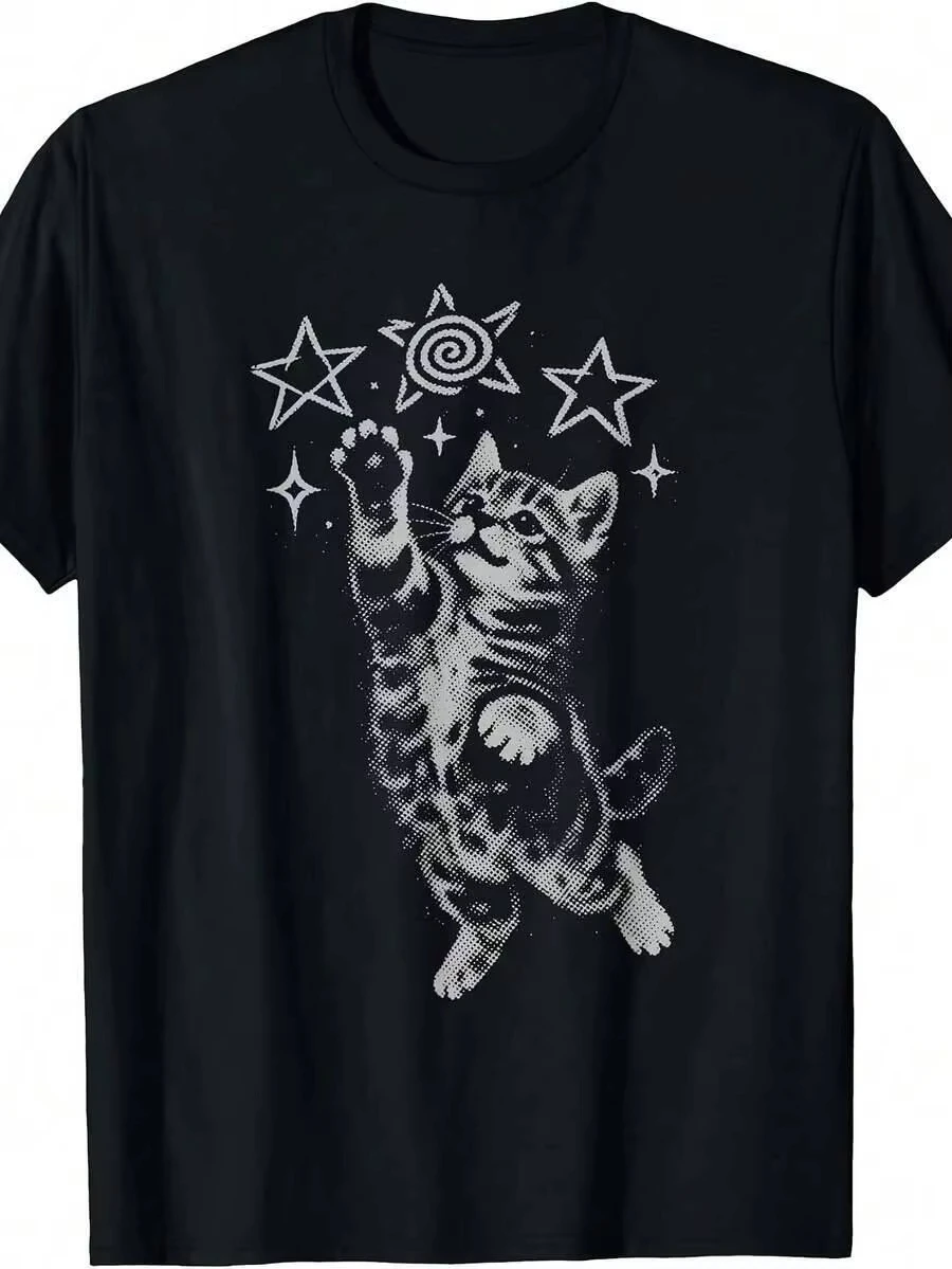 Y2K cat jumping star, goofy 90s 2000s trash rock retro pattern T-shirt