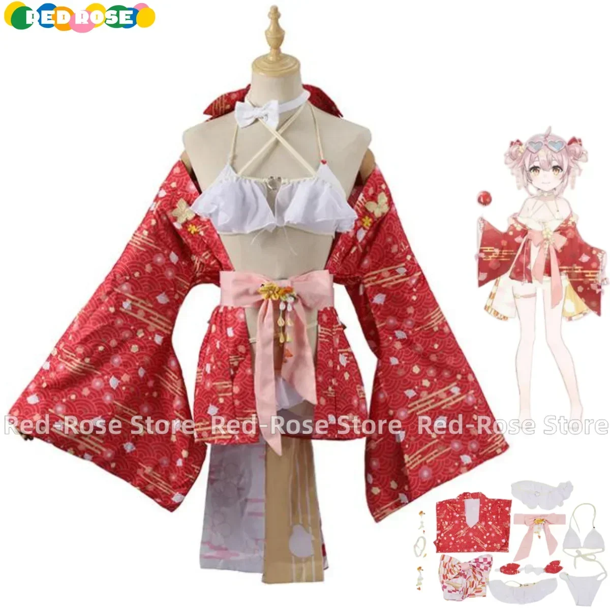 

Anime Virtual YouTuber Ace Taffy Cosplay Costume VTuber Japanese Kimono Coat Swimsuit Bikini Woman Sexy Lovely Summer Party Suit