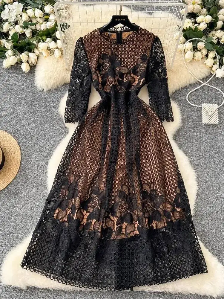 Autumn Elegant Flower Embroidery Lace Long Dress Summer Women Half Sleeve Midi Robe Hollow Out Wedding Party Evening Vestidos