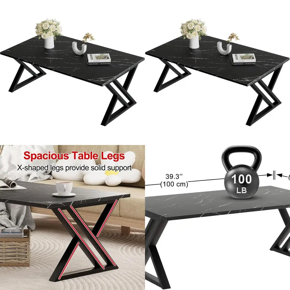 

Modern Rectangular Faux Marble Coffee Table with Black Metal Frame for Living Room and Home Office