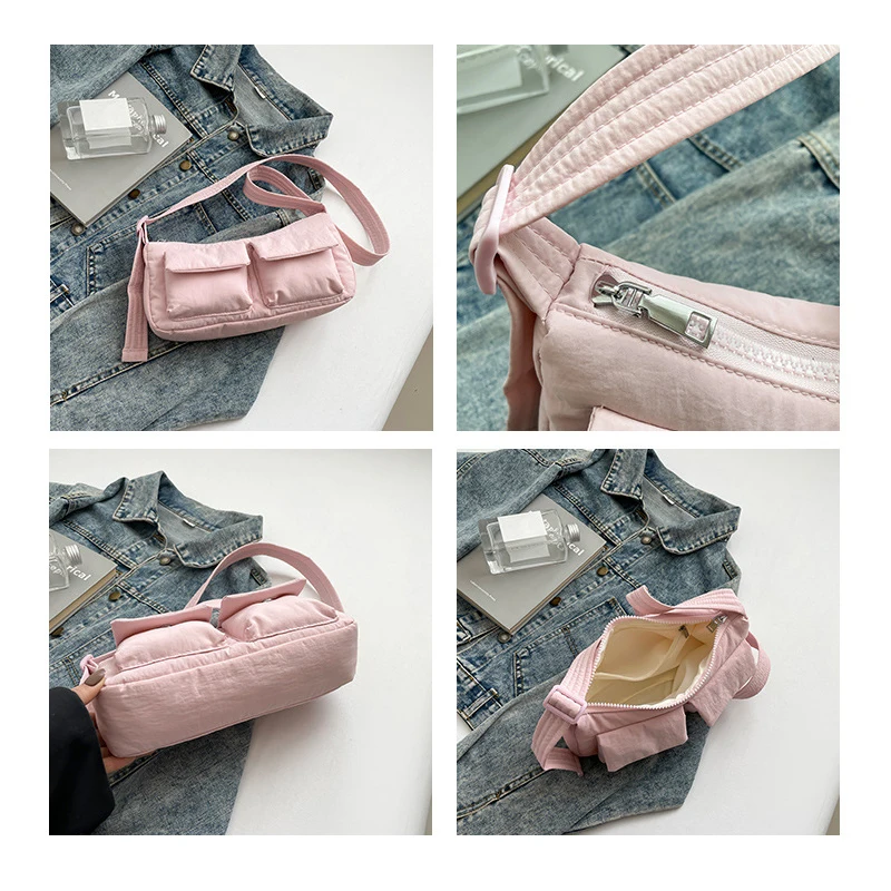 Damen-Umhängetasche aus Nylon mit großem Fassungsvermögen und Reißverschluss, einfarbig, lässig, Schultertasche, Hobos für Party, Urlaub – Detail 3