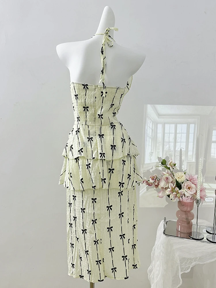 Summer French Vintage Slit Long Halter Dress Design Robe Women Maxi Frock Evening Party One-Piece Birthday Prom Gown Old Money