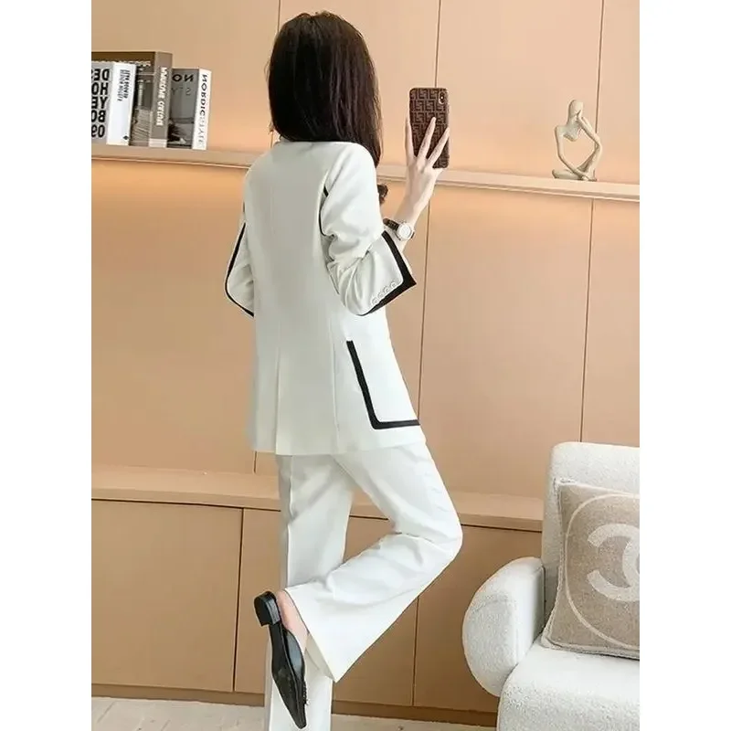 Insozkdg Spring Autumn Vintage Casual Short Blazer Wide Leg Pants Set Commuter Contrast Color Hook Edge Suit Pants Two Piece Set