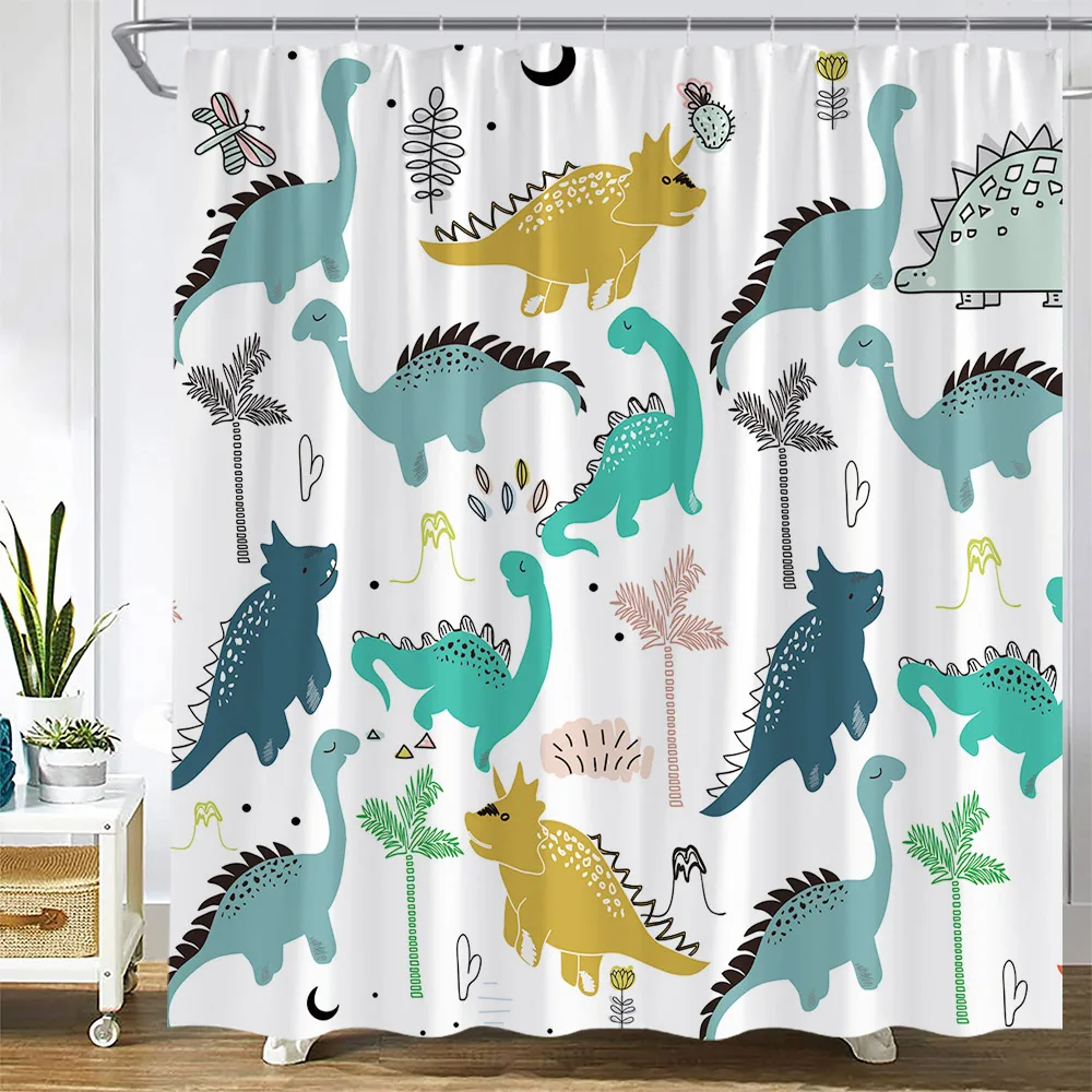 Funny Animals Cartoon Shower Curtain Dinosaur Mermaid Whale Sea Turtle Starfish Tropical Plant Curtains Children Bathroom Decor