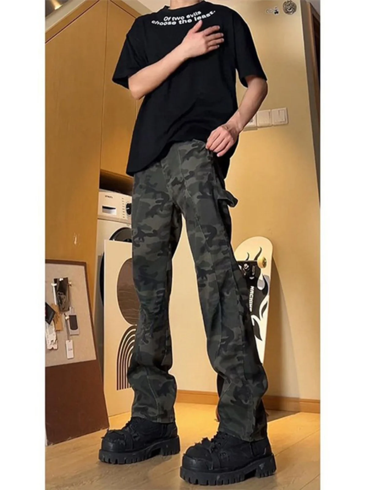 

Американские ретро-джинсы с камуфляжным принтом, мужские, в уличном стиле, прямого кроя, зауженные, летние рабочие брюки, молодежная мода