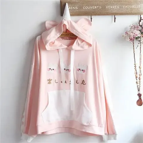 Japanese Cartoon Rabbit Embroidery Cute Pink Hoodies Women Autumn New Sweet Girl Sweatshirt Fairy Pullover Y2k Top Ropa De Mujer