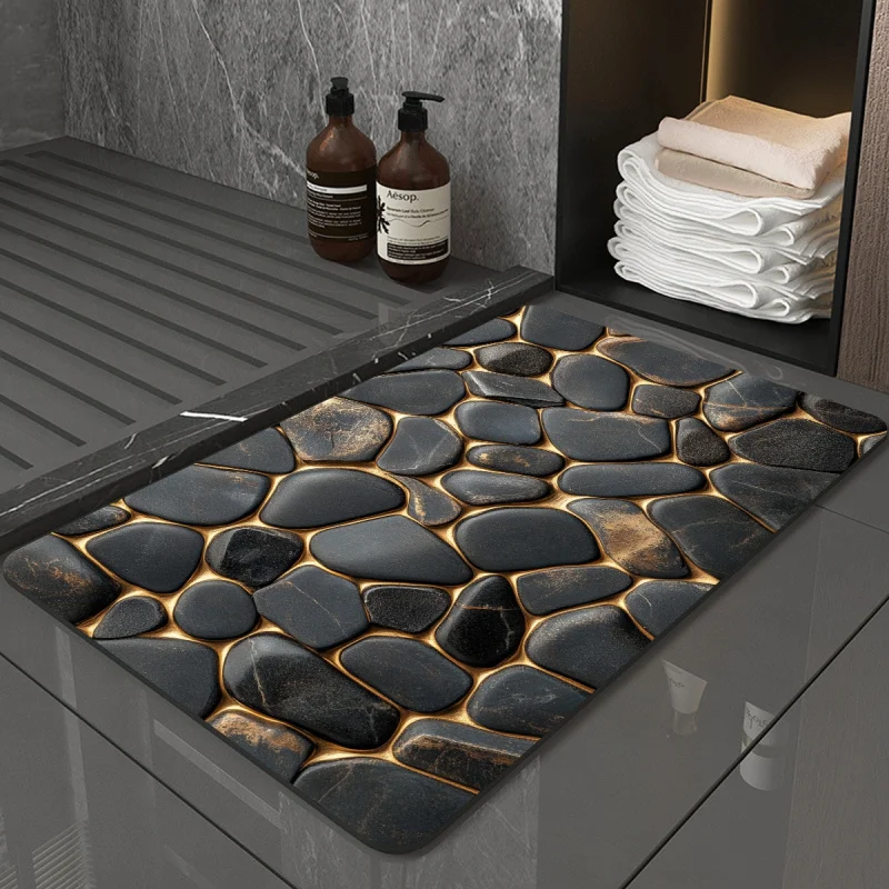 

Коврик для ванной VIKAMA Light Luxury Black Gold Pebble, влагопоглощающий и противоскользящий, для душевой зоны и зоны умывальника