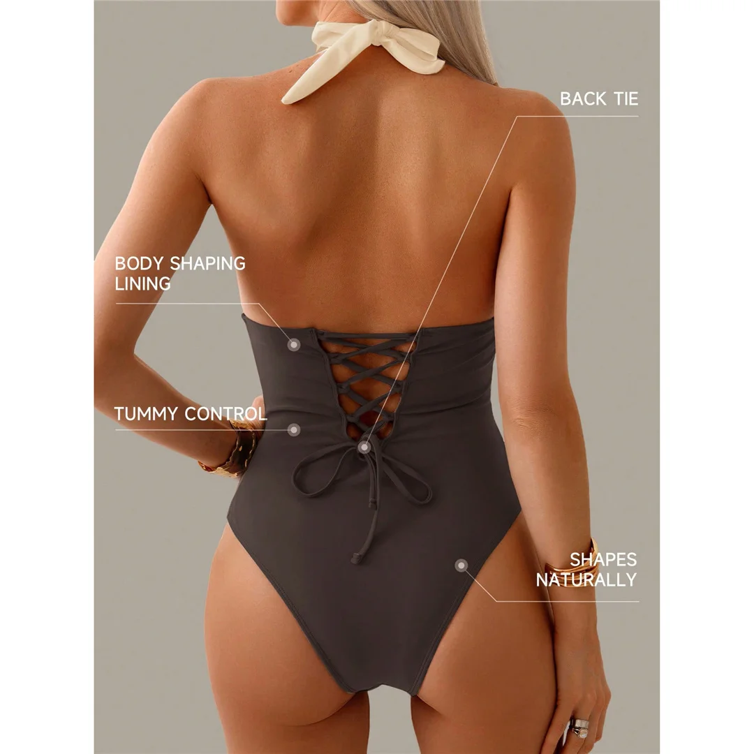 S - XL, V-Ausschnitt, rückenfreier Neckholder-Badeanzug für Damen, einteiliger Badeanzug, Monokini, gepolsterter Badeanzug, Badebekleidung, Badeanzug V7559 – Detail 14