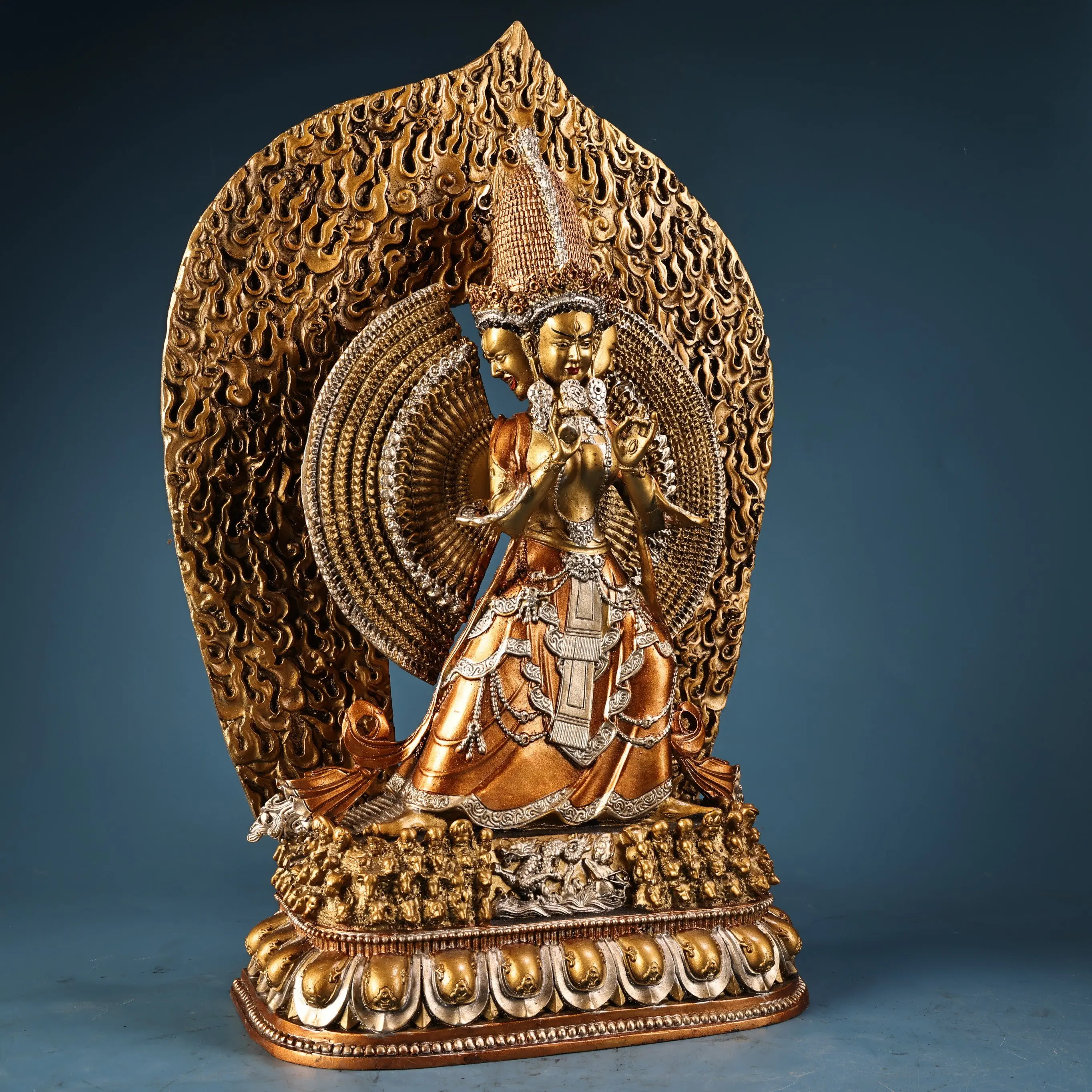 Copper High Relief Engraved Gold Silver Painted Sitatapatra White Umbrella Goddess Statue Fine Craft Heavy Patina
