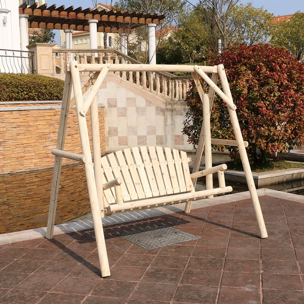 

Log Style Deck Outdoor Wooden Swing Chair Set Patio Garden Swings For Adults