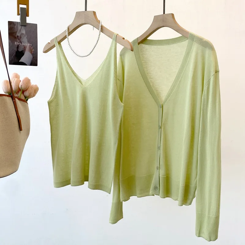 

Dave&di 26 Spring/summer New Product Two Piece Knitted Shirt Tian Shuang Linen Lightweight Breathable Long Sleeve Cardigan+stra
