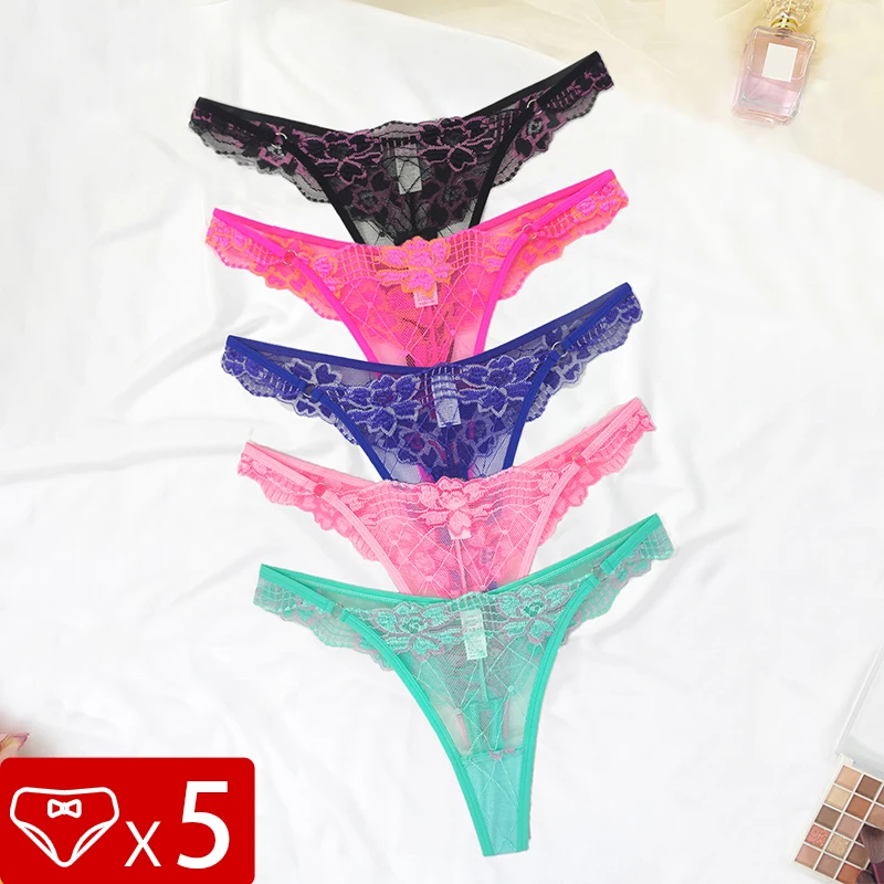 5pcs Lace Ladies G-string Perspective Floral Panties Low Waist Sexy Female Thongs Comfortable Breathable Intimate Lingerie Set