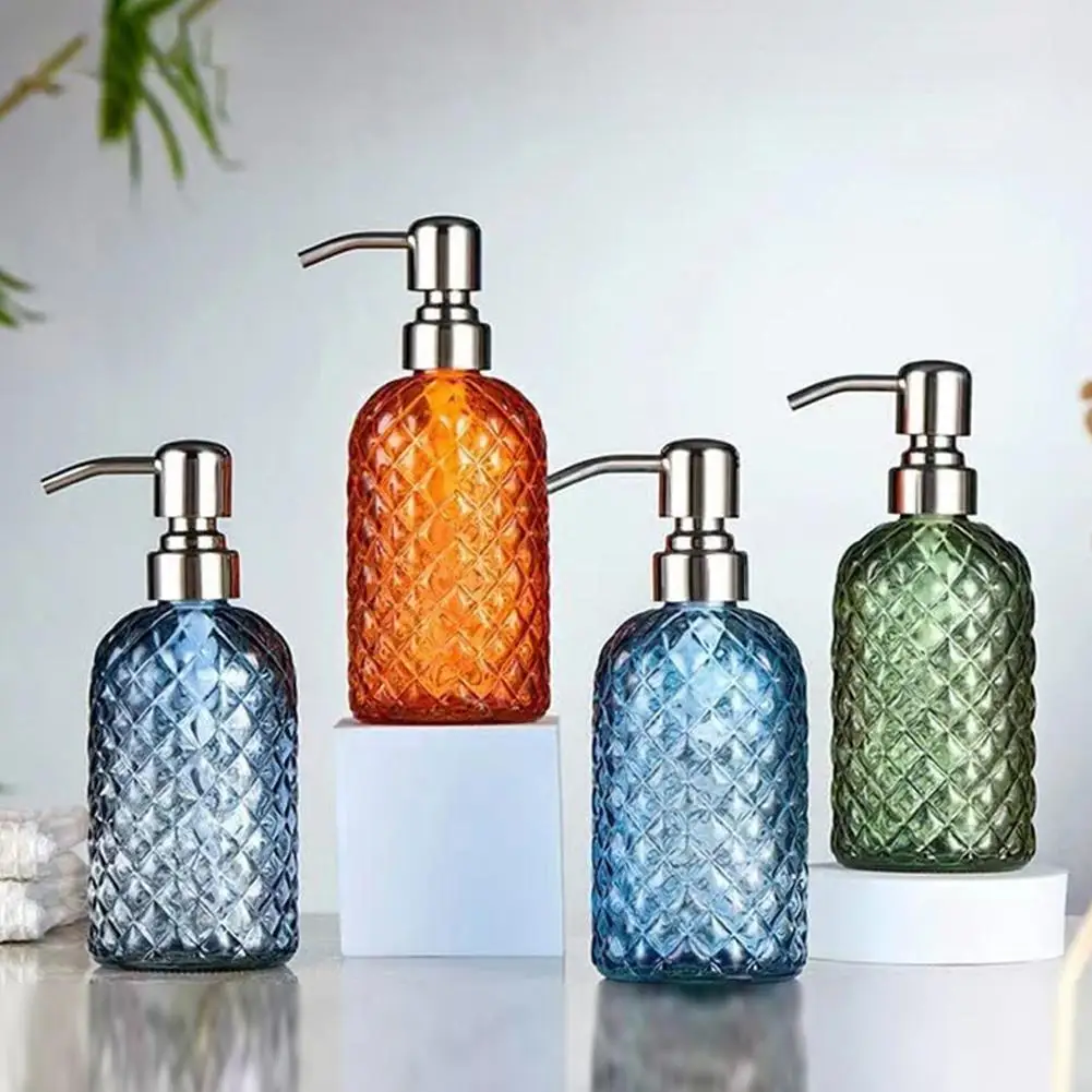 Distribuidor de sabão de vidro 480ml, bomba de aço inoxidável à prova de ferrugem, dispensador de sabão de mão recarregável com padrão de gema para cozinha e banheiro